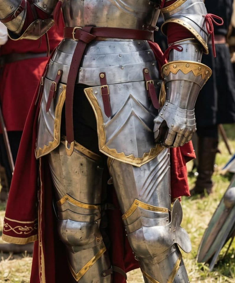 May include: Close-up of medieval armor, featuring polished metal plates with gold trim. A burgundy leather belt and accents add color. The armor includes a gauntlet, leg protection, and a chest plate, suggesting a knight's attire.