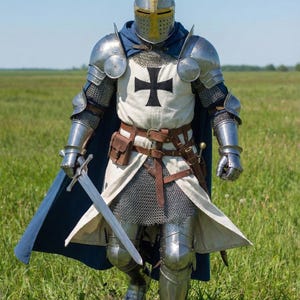 May include: A knight in full armor, including a helmet, shoulder guards, and leg protection, stands in a grassy field. The knight wears a white tunic with a black cross, a blue cape, and carries a sword. The armor is silver-colored.