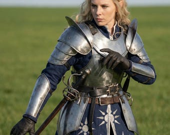Armadura de placas de caballero élfico - Coraza y hombreras de metal con acabado plateado premium y escarcelas - Disfraz de cosplay, regalo de Halloween para LARP