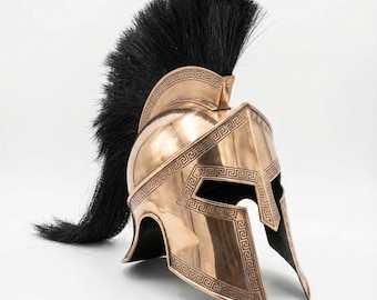 Casco espartano hecho a mano con cresta de crin negra - Casco corintio de bronce pulido - Armadura de guerrero griego - Regalo medieval para LARP y cosplay