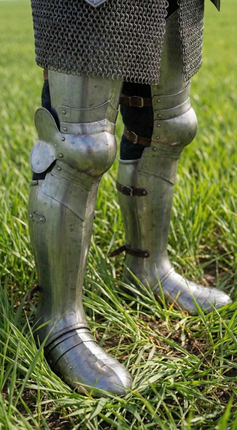 Pode incluir: Close-up de armadura de perna de a&ccedil;o polido, incluindo caneleiras e joelheiras, com correias e fivelas de couro. A armadura &eacute; usada sobre tecido escuro e cota de malha, contra um fundo de grama verde. Um item hist&oacute;rico ou cosplay.