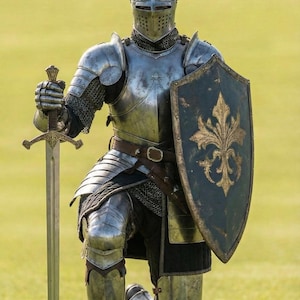 May include: A full suit of medieval armor, including a helmet, chainmail, and plate armor, worn by a person kneeling on a grassy field. The knight holds a sword and shield with a gold fleur-de-lis design.