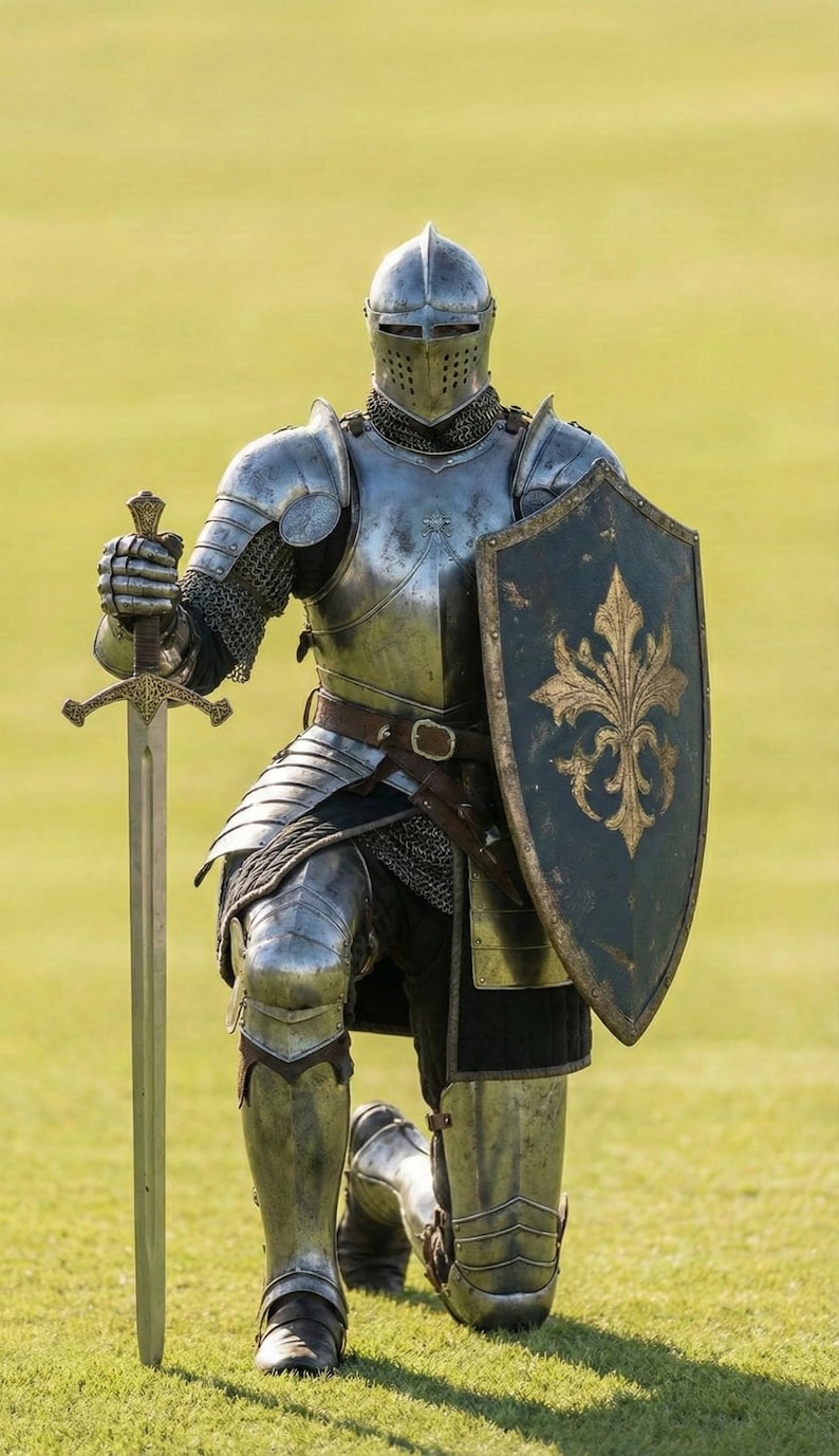 May include: A full suit of medieval armor, including a helmet, chainmail, and plate armor, worn by a person kneeling on a grassy field. The knight holds a sword and shield with a gold fleur-de-lis design.