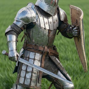 May include: A person in full medieval armor, including a helmet, chest plate, and leg guards, stands in a grassy field. The armor is silver and worn, with a sword in one hand and a shield in the other. The background is blurred green.