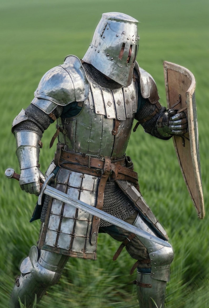 May include: A person in full medieval armor, including a helmet, chest plate, and leg guards, stands in a grassy field. The armor is silver and worn, with a sword in one hand and a shield in the other. The background is blurred green.
