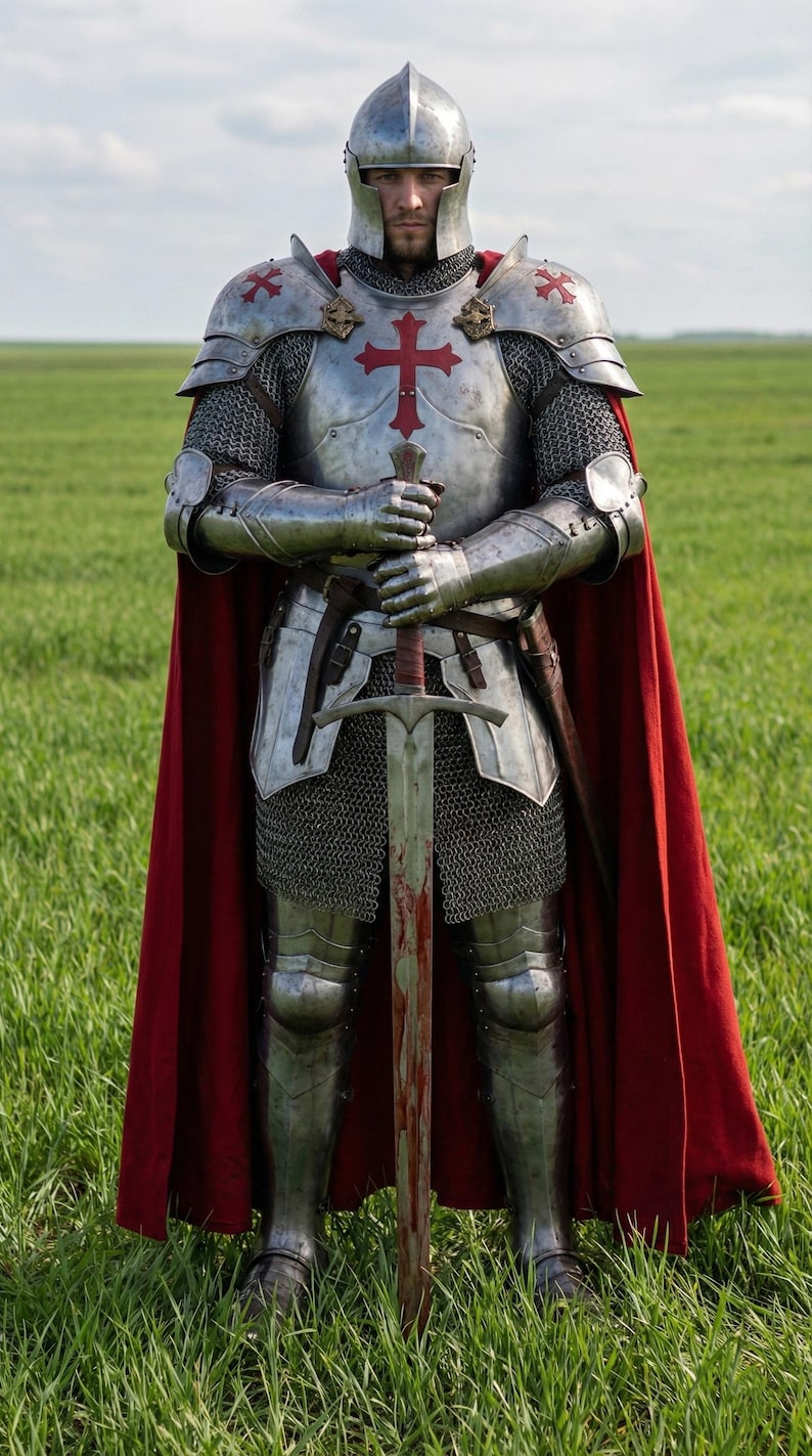 Pode incluir: Uma armadura medieval completa, incluindo capacete, peitoral e protetores de pernas, com um emblema de cruz vermelha. O cavaleiro est&aacute; em p&eacute; num campo gramado, segurando uma espada e vestindo uma capa vermelha. A armadura &eacute; prateada.