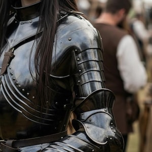 May include: Close-up of black medieval armor with riveted details. The armor covers the shoulder and arm, with articulated plates at the elbow. A leather strap is visible. The background is blurred, suggesting a historical reenactment or costume.
