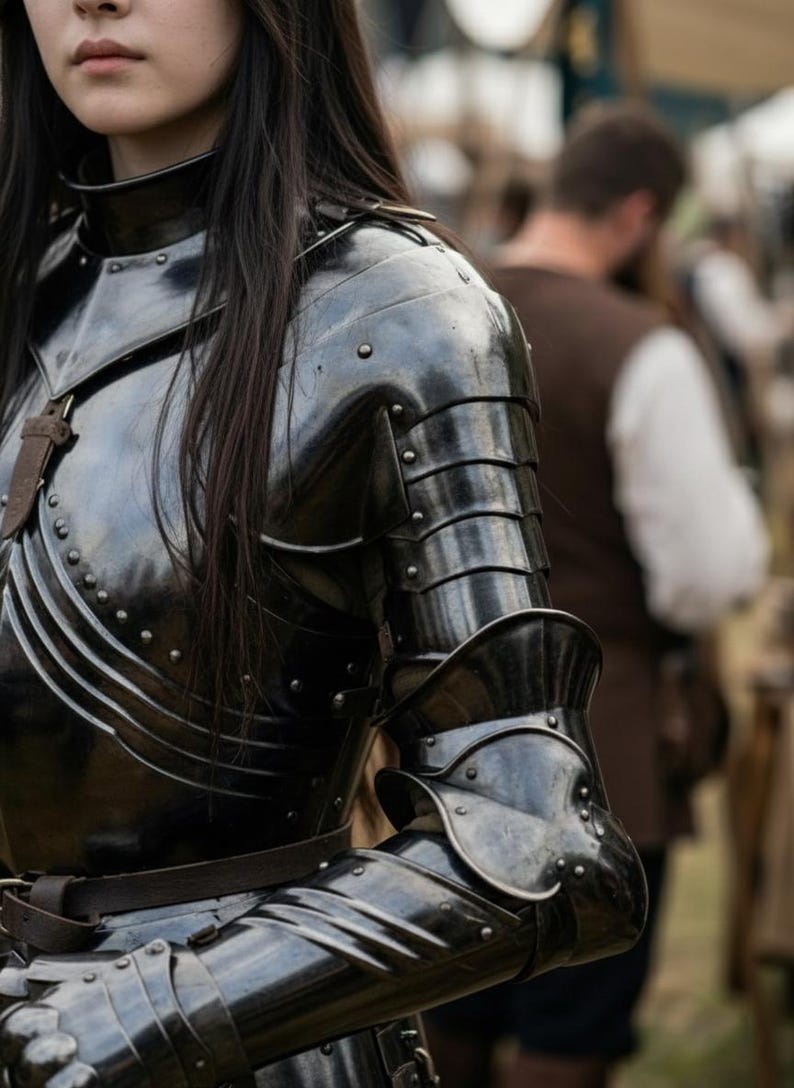 May include: Close-up of black medieval armor with riveted details. The armor covers the shoulder and arm, with articulated plates at the elbow. A leather strap is visible. The background is blurred, suggesting a historical reenactment or costume.