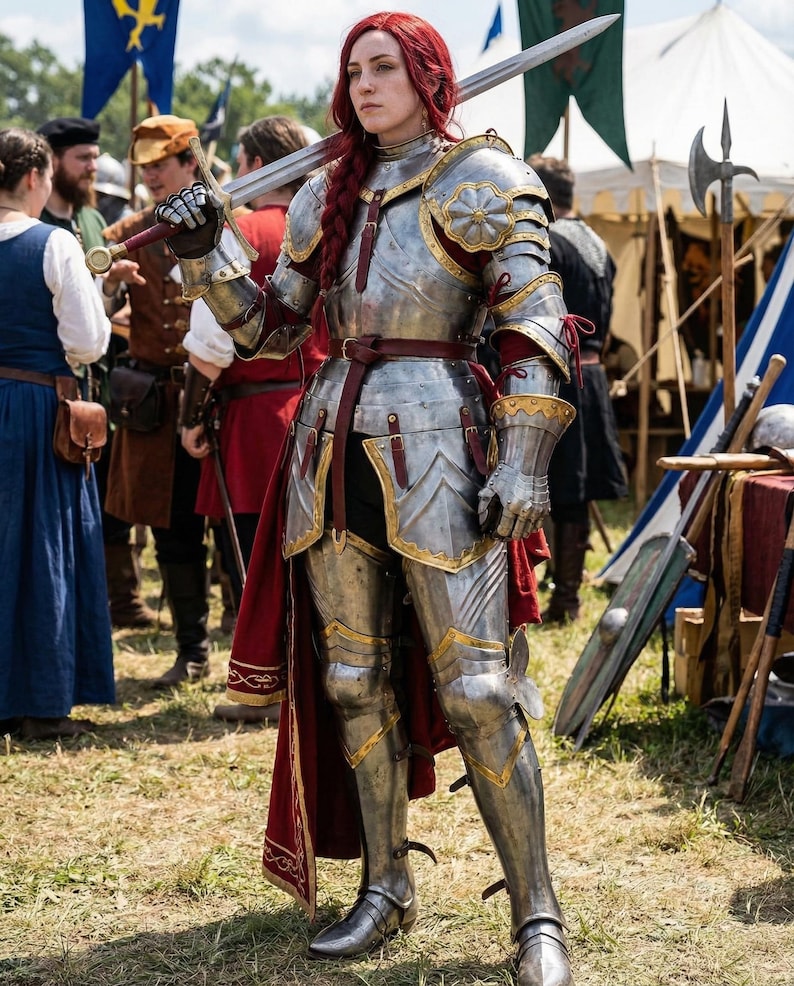 May include: A person in full plate armor, holding a sword. The silver armor has gold accents and red fabric details. The person has red hair and is standing in a grassy area with other people in the background.