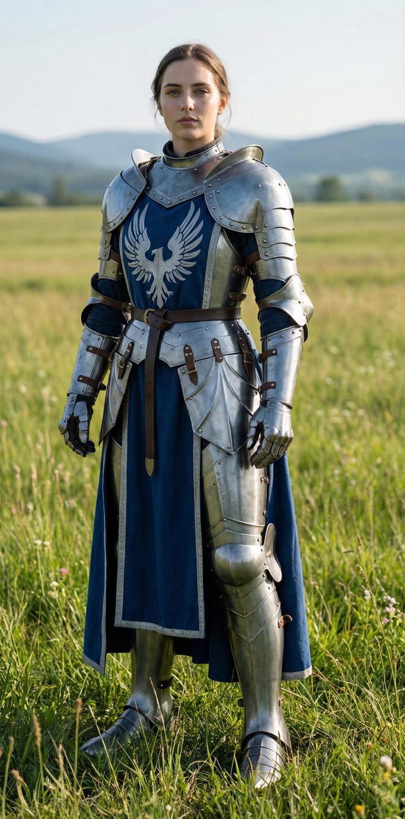 May include: A full suit of silver-colored armor with a blue tunic. The armor features a detailed design, including a chest plate with a white bird emblem. The person is standing in a grassy field.