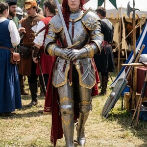 May include: A person in full plate armor, holding a sword, stands in a grassy area. The armor is silver with gold accents and a red cape. Other people in medieval attire are in the background, suggesting a historical reenactment or festival.