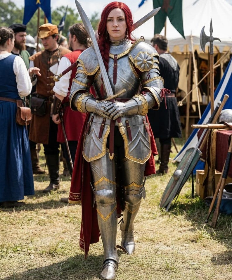May include: A person in full plate armor, holding a sword, stands in a grassy area. The armor is silver with gold accents and a red cape. Other people in medieval attire are in the background, suggesting a historical reenactment or festival.