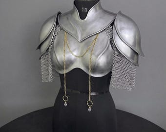 Female Fantasy Armor Breastplate & Pauldrons | Lady LARP Cosplay | Silver Knight Cuirass with Chainmail