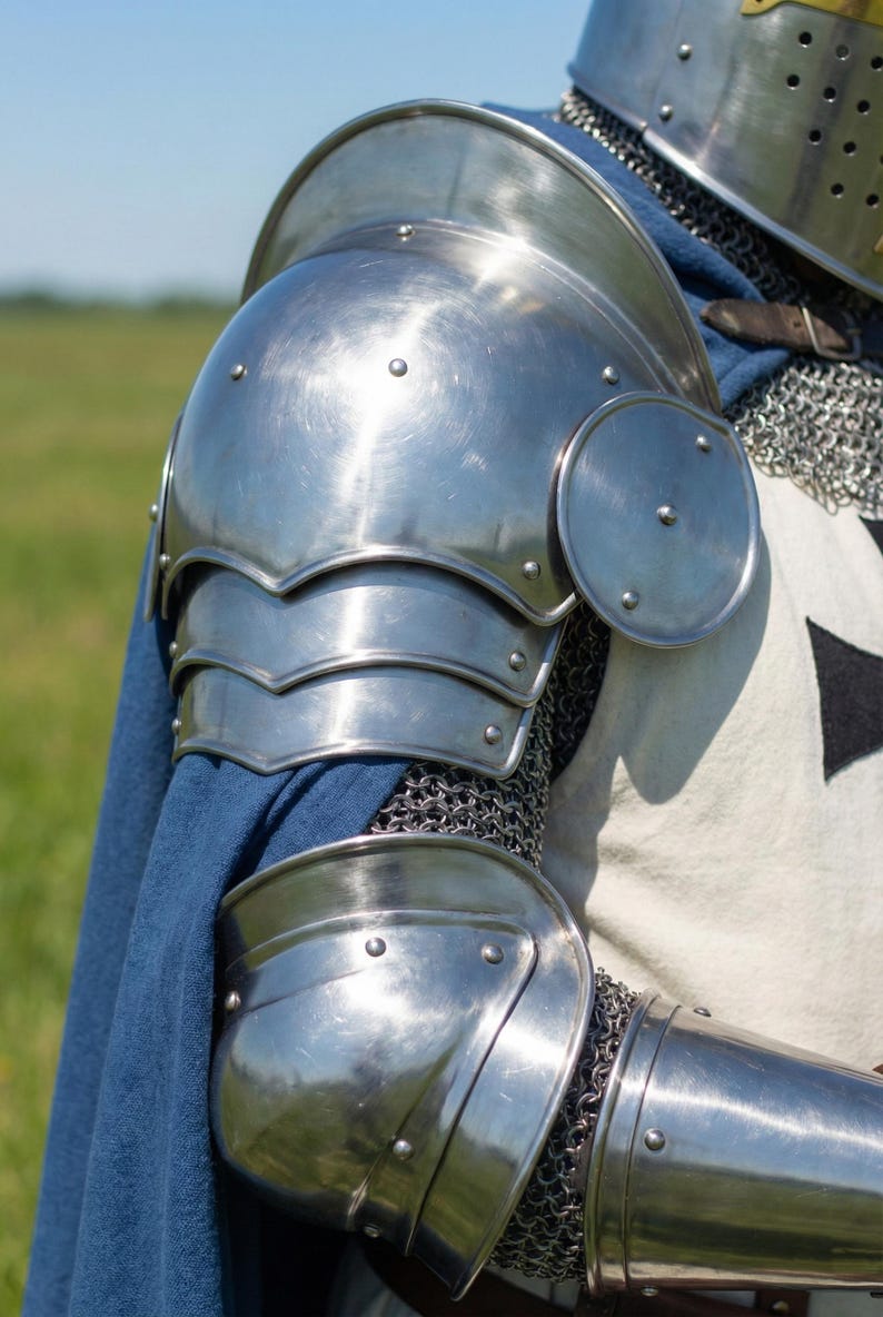 May include: Close-up of polished steel armor, including shoulder and elbow protection, with rivets. A blue cape is visible, along with chainmail and a white garment with a black cross design. The armor reflects the sunlight.