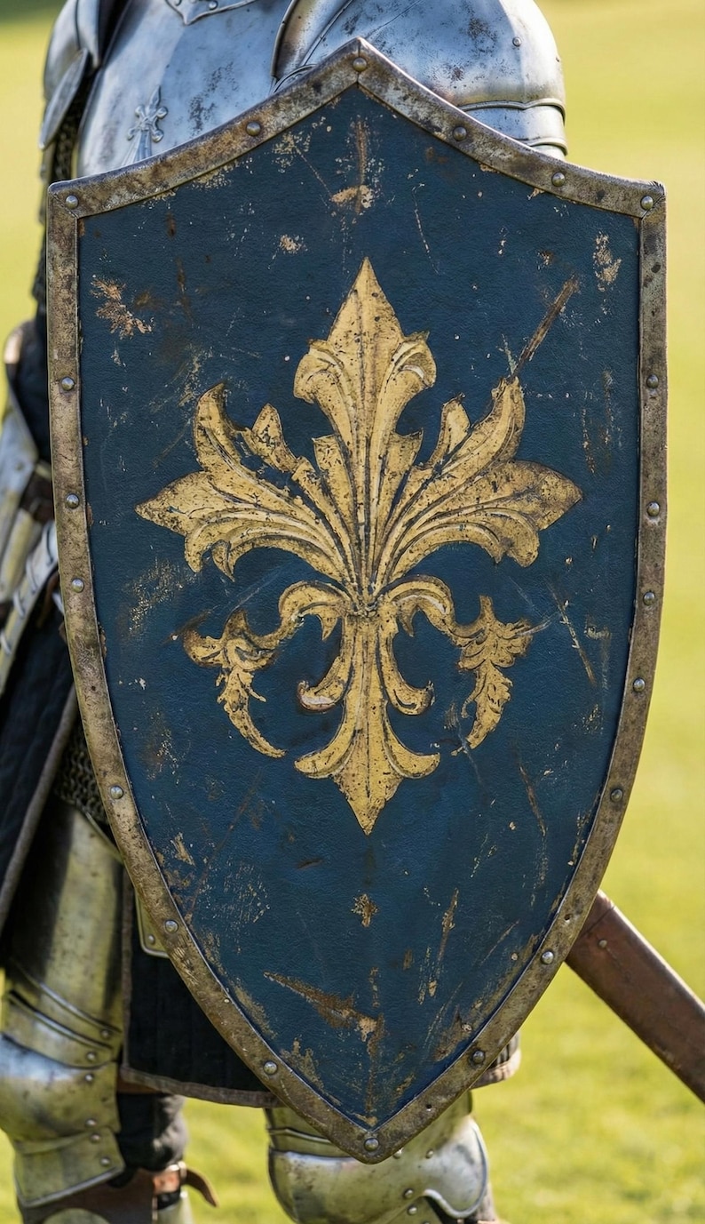 May include: A medieval shield with a dark blue background and a gold fleur-de-lis design. The shield has a weathered appearance with a gold trim and rivets. The shield is held by a person wearing armor.