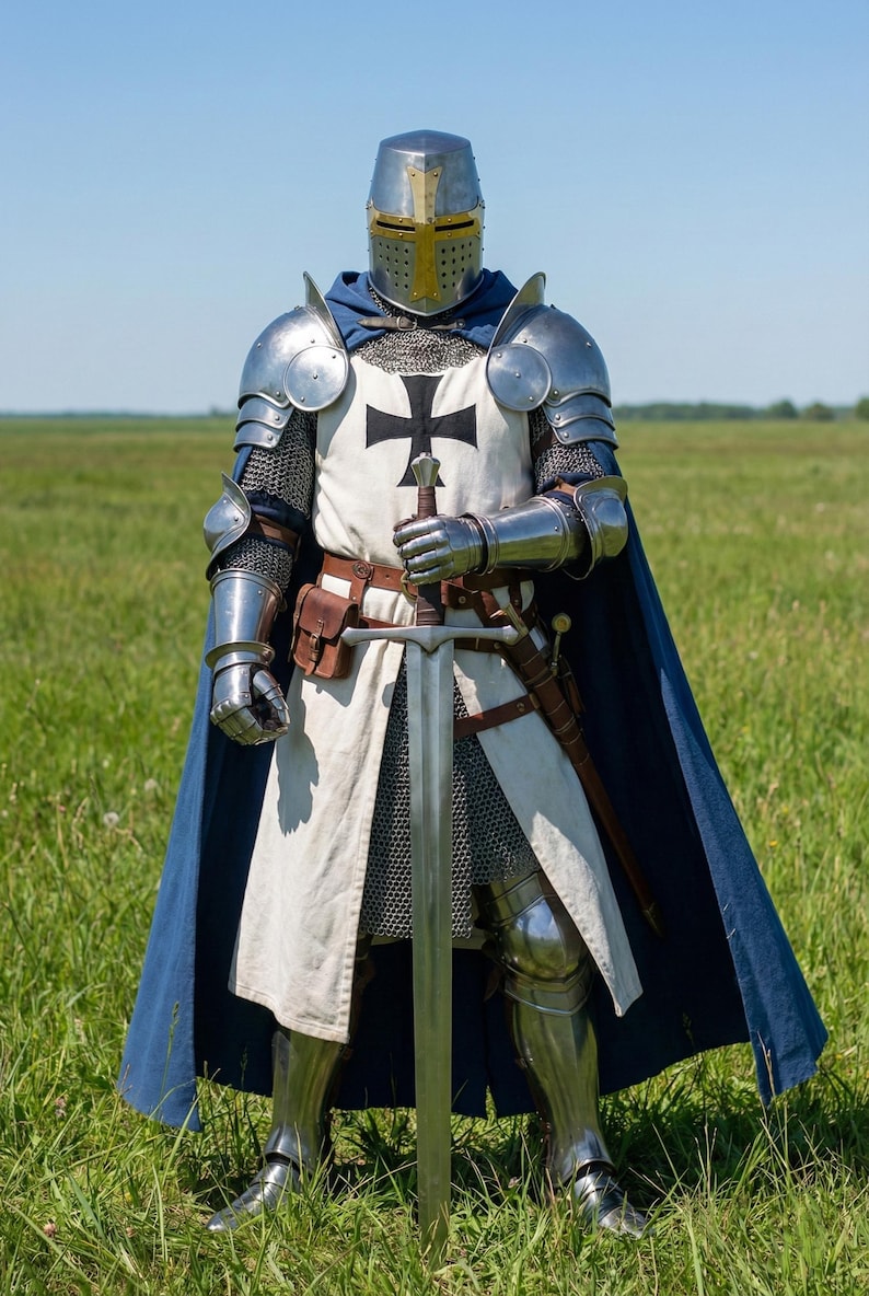 May include: A full suit of medieval armor, including a helmet, shoulder guards, and leg protection. The armor is silver-colored, with a white tunic featuring a black cross. A blue cape and a long sword complete the ensemble. The person is standing in a grassy field.