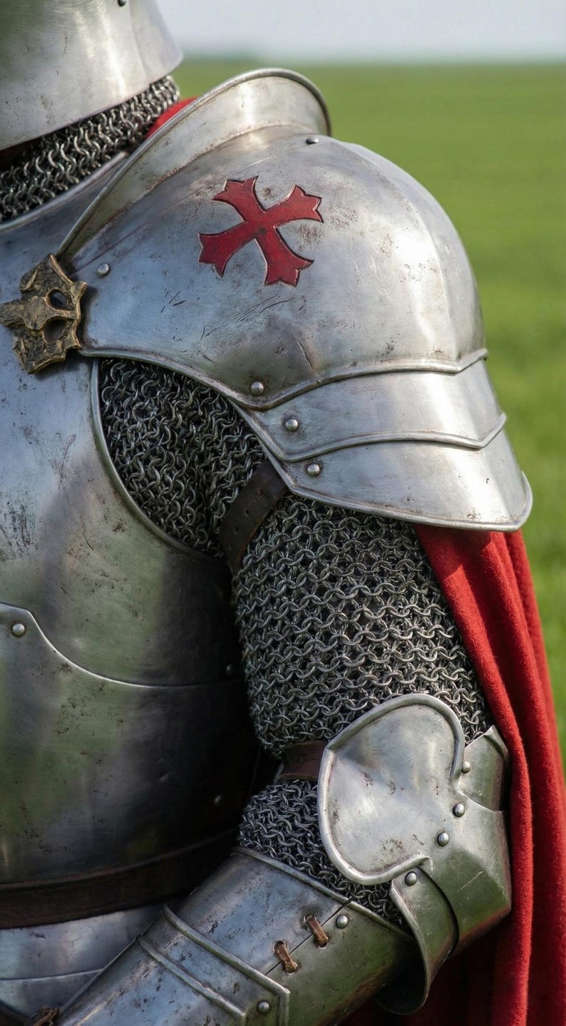 Pode incluir: Close-up de uma armadura de cavaleiro medieval. A armadura de metal prateado apresenta um emblema de cruz vermelha na ombreira. Cota de malha e uma capa vermelha tamb&eacute;m s&atilde;o vis&iacute;veis, sugerindo um tema hist&oacute;rico ou de fantasia.