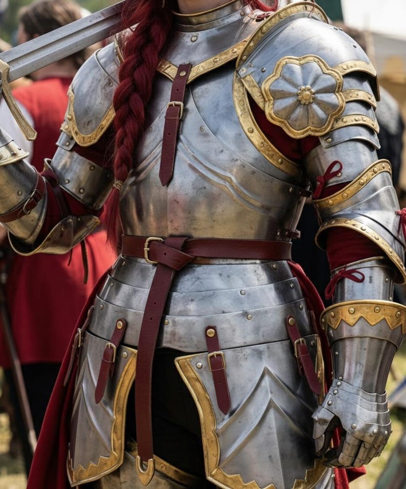 May include: A detailed view of medieval armor, showcasing polished metal plates with gold accents and burgundy fabric. The armor includes a breastplate, shoulder guards, and gauntlets, secured with leather straps and buckles. A sword is held in the left hand.