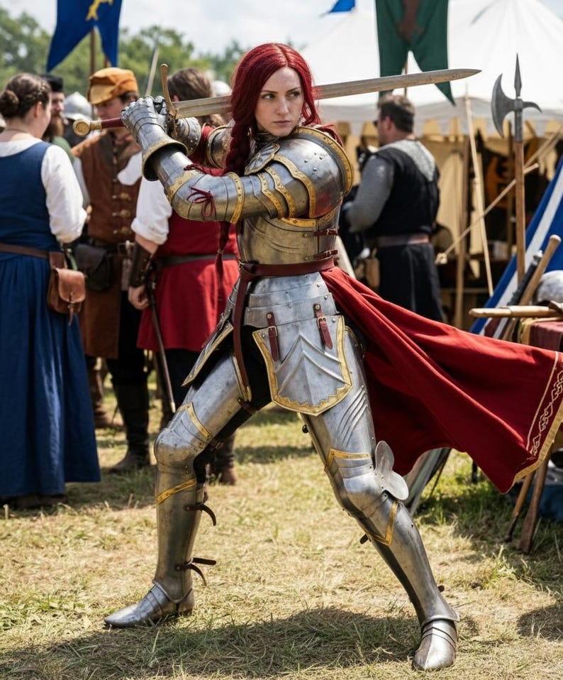 May include: A person in full plate armor, holding a sword aloft. The armor is silver with gold accents, and a red cape flows behind. The person has red hair and is in a battle stance, with other people and tents in the background.