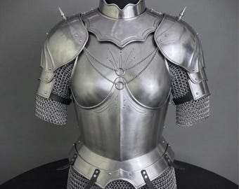 Female Steel Knight Armor Suit | Medieval LARP Women's Cuirass with Chainmail & Spiked Pauldrons | Fantasy Cosplay Warrior Breastplate