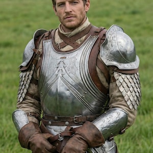 Puede incluir: Una persona con una armadura, con una peto y hombreras de metal pulido. La armadura tiene correas y detalles de cuero, con una espada en la cadera. El fondo es un campo verde.