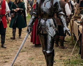 Traje de armadura gótica medieval para mujer - Armadura de cuerpo entero de caballero de acero ennegrecido - Disfraz de cosplay de Halloween