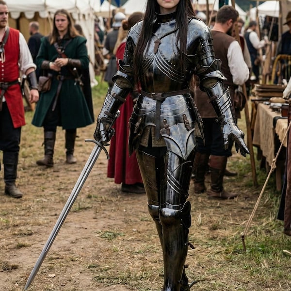 Mittelalterlicher Damen-Gothic-Rüstungs-Anzug - Geschwärzter Stahl Lady Knight Ganzkörper-Rüstung - Halloween Cosplay Kostüm