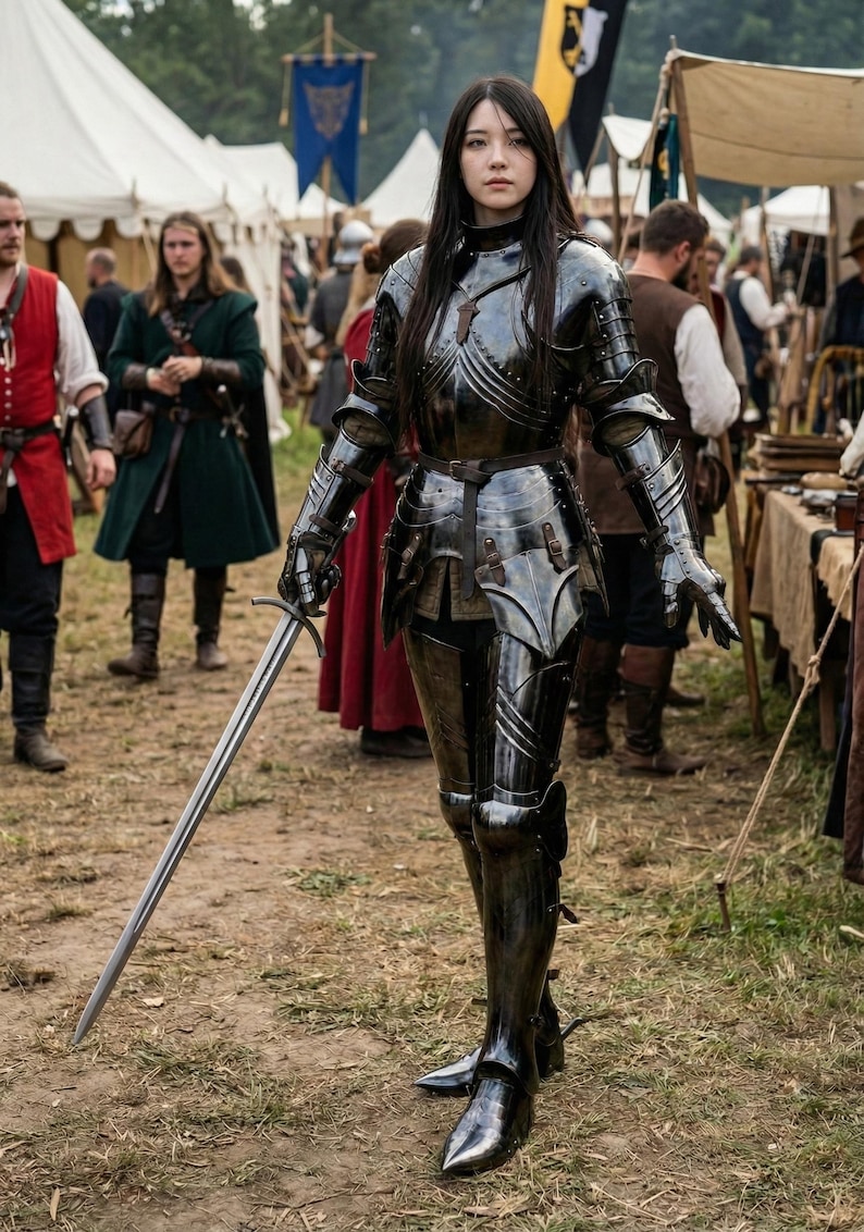 May include: A person in full black medieval armor, holding a long sword. The armor is highly polished and reflects the light. The scene is set at an outdoor historical reenactment event, with tents and people in the background.