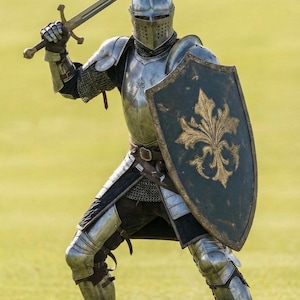 May include: A knight in full armor, holding a sword aloft and a shield with a gold fleur-de-lis design. The armor is silver and the shield is dark green. The knight is on a green field.