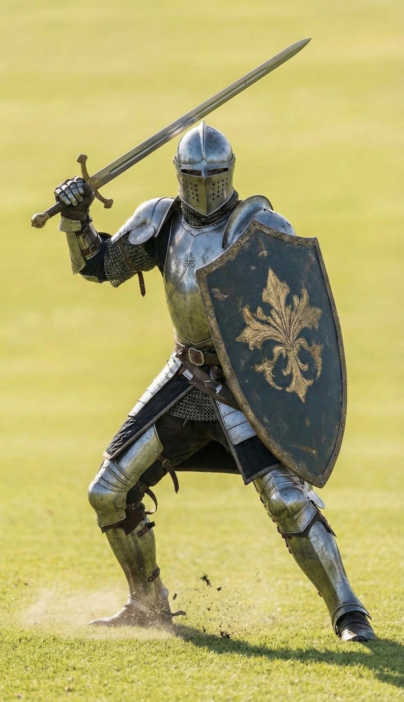 May include: A knight in full armor, holding a sword aloft and a shield with a gold fleur-de-lis design. The armor is silver and the shield is dark green. The knight is on a green field.