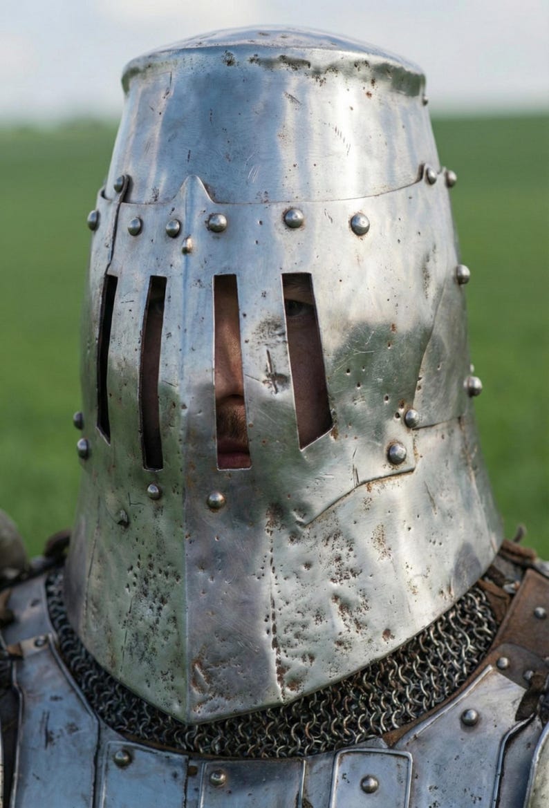 May include: A close-up of a medieval knight's helmet made of shiny, riveted metal. The helmet has vertical eye slits and is part of a suit of armor, with chainmail visible at the neck. The background is a blurred green field.