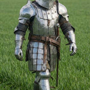 May include: A full suit of medieval armor made of polished metal, including a helmet, chest plate, and leg guards. The armor is worn over chainmail and a leather belt. The person is standing in a field of green grass.