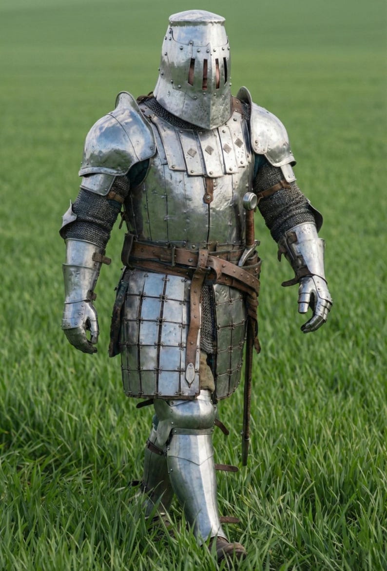 May include: A full suit of medieval armor made of polished metal, including a helmet, chest plate, and leg guards. The armor is worn over chainmail and a leather belt. The person is standing in a field of green grass.