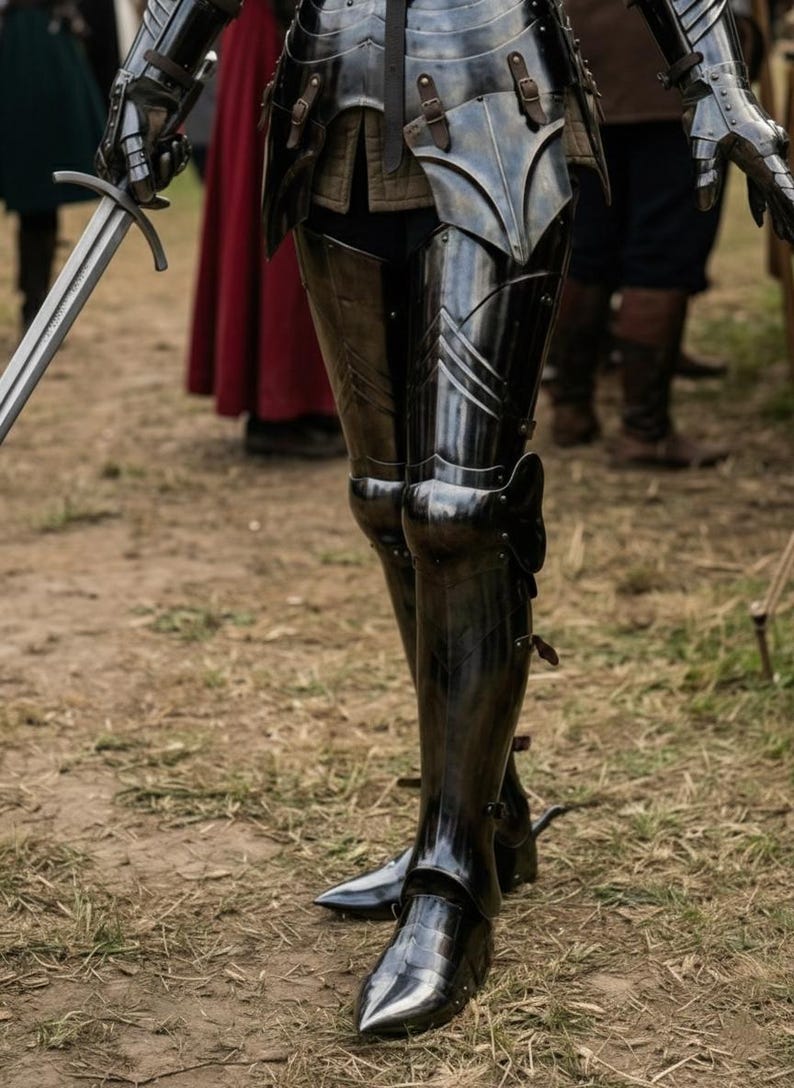 May include: Close-up of medieval armor, featuring polished black metal plates. The armor includes leg and torso protection, with intricate detailing and leather straps. A sword is held in the left hand. The scene is set outdoors on a grassy surface.