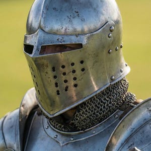 May include: Close-up of a medieval knight's helmet and armor. The helmet is silver with a visor and small ventilation holes. Chainmail protects the neck. The armor has a decorative emblem.