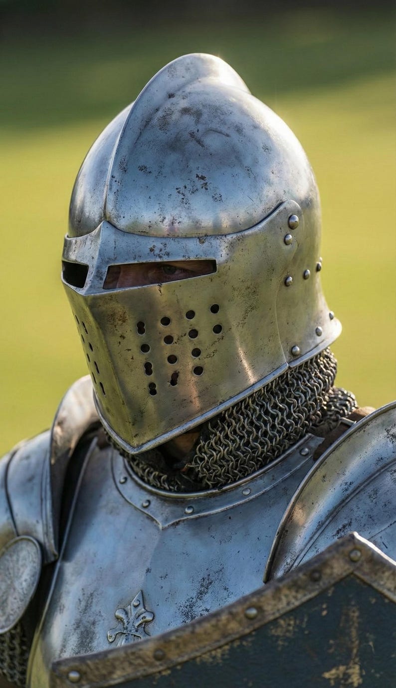 May include: Close-up of a medieval knight's helmet and armor. The helmet is silver with a visor and small ventilation holes. Chainmail protects the neck. The armor has a decorative emblem.