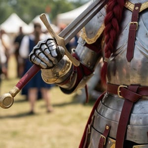May include: Close-up of a person in medieval armor holding a sword. The armor is silver with gold accents and burgundy leather straps. The sword has a silver blade and a gold hilt. A long red braid is visible.
