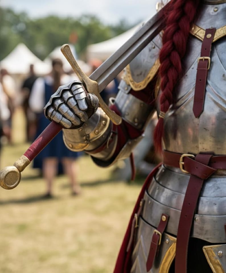 May include: Close-up of a person in medieval armor holding a sword. The armor is silver with gold accents and burgundy leather straps. The sword has a silver blade and a gold hilt. A long red braid is visible.