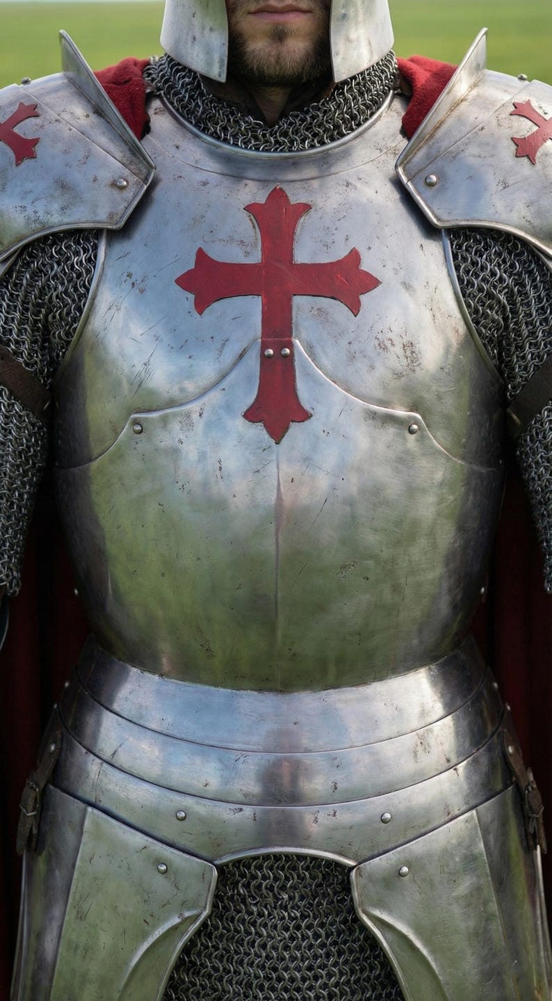 Pode incluir: Close-up de uma armadura de cavaleiro medieval. A placa peitoral de a&ccedil;o polido apresenta um grande emblema de cruz vermelha. Cota de malha e ombreiras com cruzes vermelhas tamb&eacute;m s&atilde;o vis&iacute;veis. Uma capa vermelha &eacute; parcialmente vis&iacute;vel.