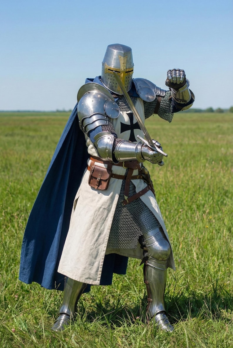 May include: A full suit of medieval knight armor, including a helmet with a gold visor, shoulder plates, and chainmail. The knight is holding a sword and wearing a white tunic with a black cross and a blue cape. The scene is set in a grassy field.