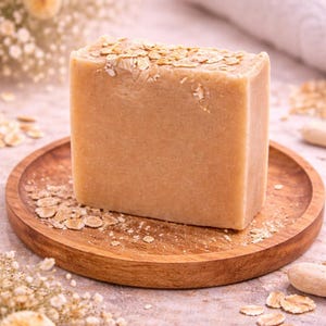 Op de afbeelding: Een rechthoekige, lichtbruine zeep met havervlokken bovenop, gepresenteerd op een kleine, ronde houten plaat. Verspreide haver en delicate witte bloemen omringen de zeep, wat een natuurlijke, spa-achtige uitstraling creëert.