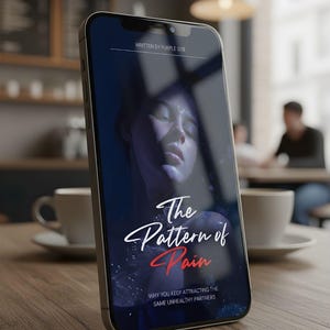 May include: A smartphone screen shows a book cover titled "The Pattern of Pain". The cover art features a woman's face with a blue and purple hue. The text "WHY YOU KEEP ATTRACTING THE SAME UNHEALTHY PARTNERS" is displayed below the title. The text "WRITTEN BY PURPLE SITE" is also visible.