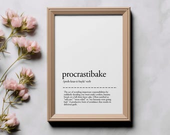 Procrastibake-definitieprint – grappige bakposter, herkenbare humor om te vermijden, minimalistische digitale muurkunst