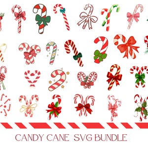 Puede incluir: Una colección de diseños de bastones de caramelo en rojo, blanco, verde y rosa, algunos con lazos y adornos de acebo. La imagen incluye el texto "CANDY CANE SVG BUNDLE" en un borde a rayas rojas y blancas.