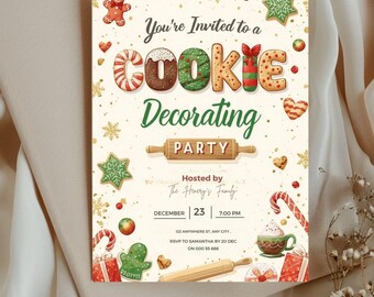 Convite para festa de decoração de biscoitos de Natal (modelo editável do Canva)