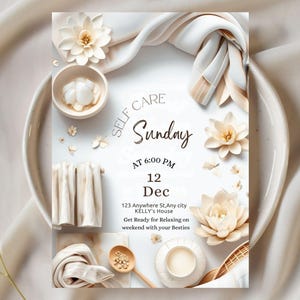 May include: A white and beige self-care event invitation with floral and spa-themed elements. The text reads "Self Care Sunday" at 6:00 PM on December 12th. Includes address and a message to get ready for relaxing.