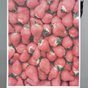 May include: A canvas print featuring a close-up view of numerous red strawberries. The image has a pixelated effect, with black lines creating a grid pattern over the fruit. The strawberries have green tops and are set against a white border.