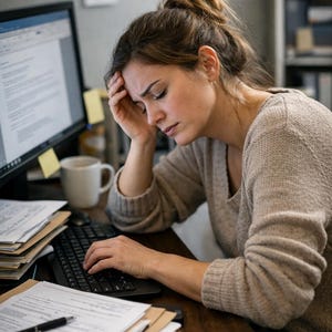 May include: A woman with her hand on her forehead, looking stressed while working at a desk. A computer monitor, keyboard, and stacks of paperwork are visible. A mug and a smartphone are also on the desk.