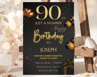 90th Birthday Invitation | Elegant Black and Gold, Editable Template (Digital Download)