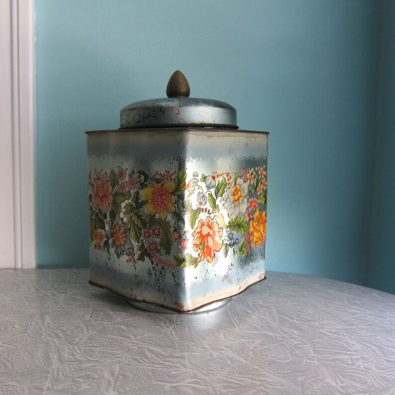 Rustic Floral Tin, Blue Tin, Vintage Tin, Murray Allen, Toffee Tin, Candy Tin, Cookie Tin, Blue Canister, Old Blue TIn, Pretty Blue Tin image 2